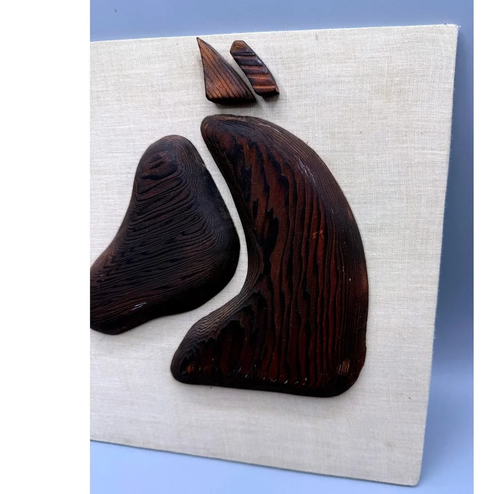 Vintage Mid Century Modern Abstract Wood Horse Head Wall Art Linen Board 9.5in